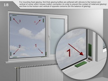 For mounting fixed glazing, first thick glazing buffers are adhered with silicone to the horizon and vertical of corner which houses mullion connection (in order to prevent the contact of metal and glazing) and then to the horizon and vertical of opposite concerns (for the balance of glazing).